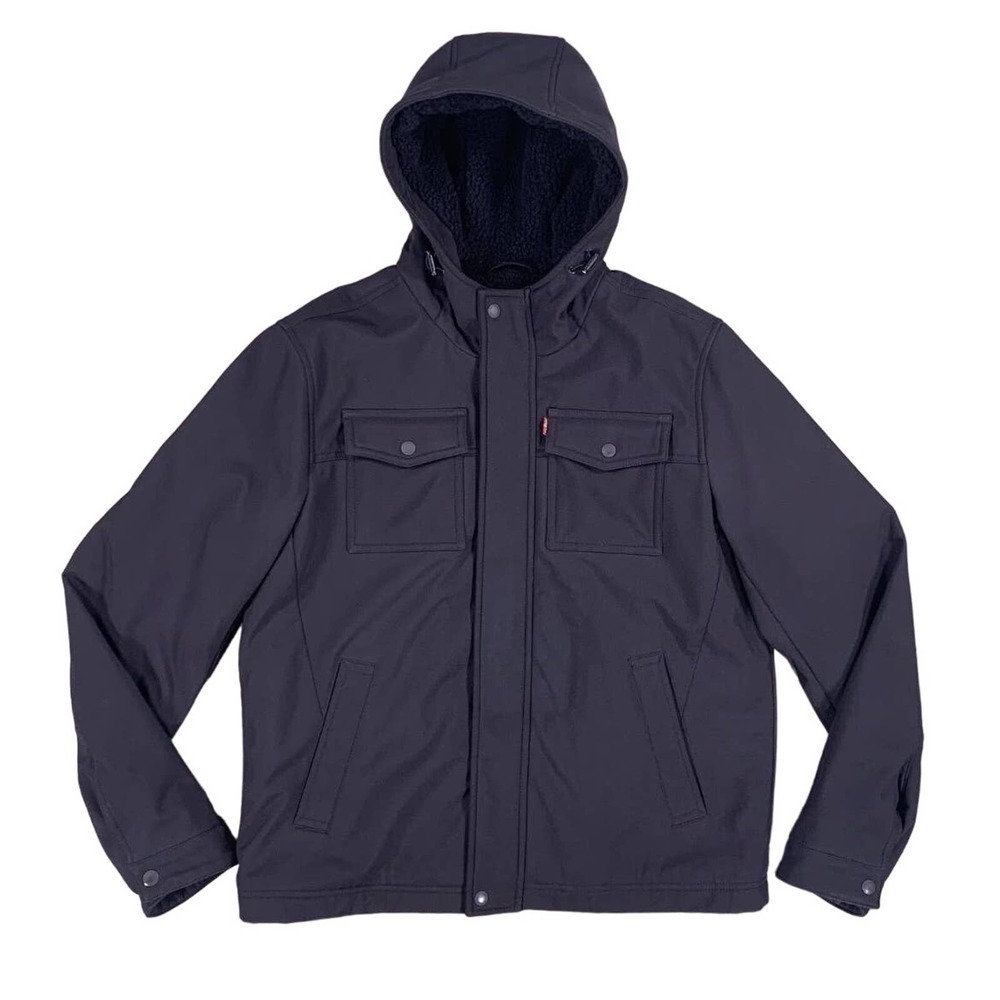 Levi's Jacket Men Medium Black Soft Shell Sherpa Lined Full Zip Hooded C…